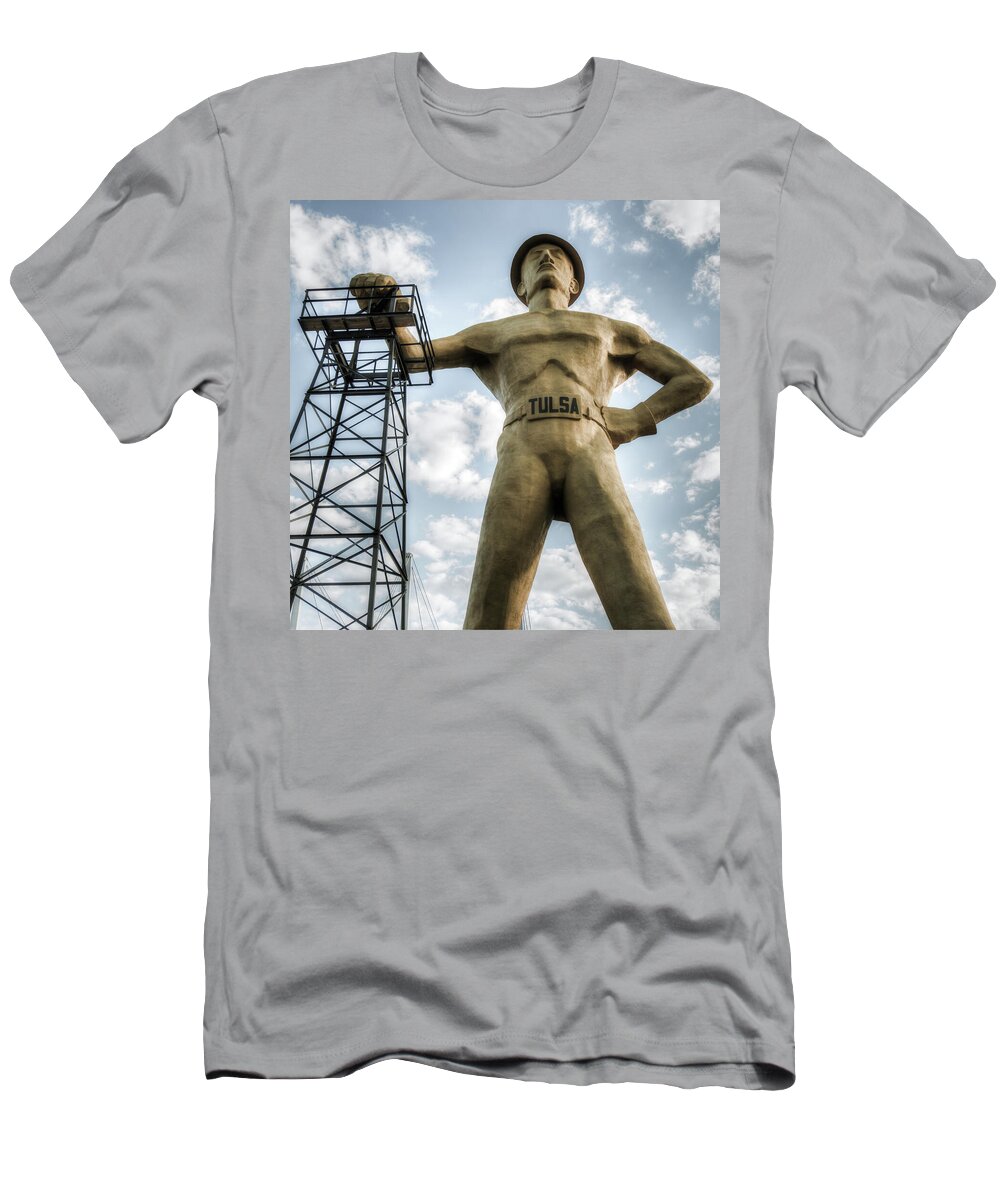 America T-Shirt featuring the photograph Square Format Tulsa Oklahoma Golden Driller - Vintage by Gregory Ballos