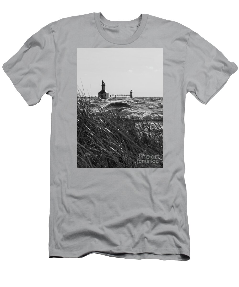 St Joseph T-Shirt featuring the photograph St Joseph Behind Sea Oats Grayscale by Jennifer White