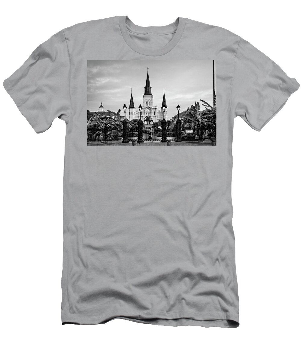 St. Louis Cathedral T-Shirt featuring the photograph St. Louis Cathedral In Black and White by Greg and Chrystal Mimbs