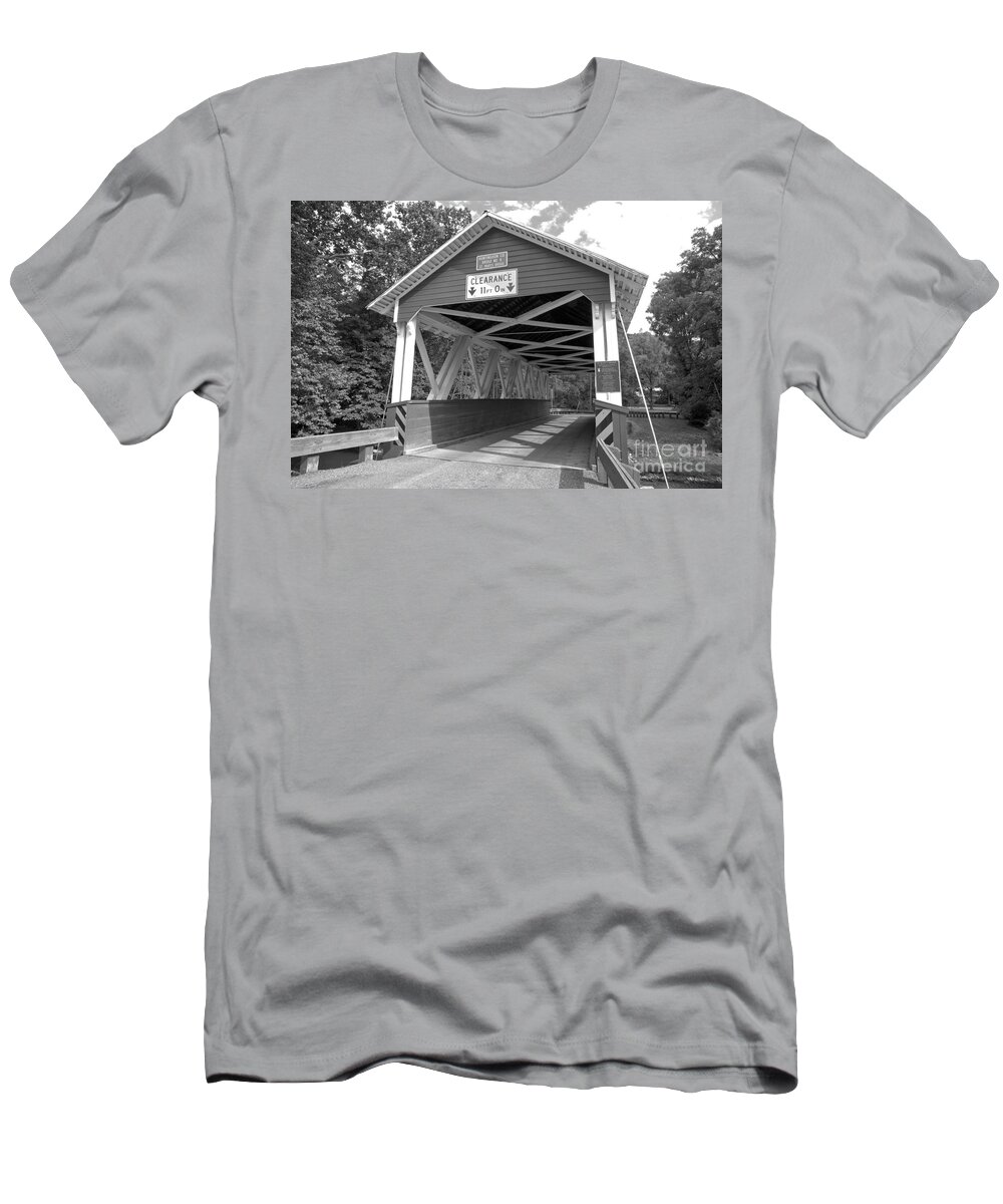 St Mary T-Shirt featuring the photograph St. Mary Covered Bridge Closeup Black And White by Adam Jewell