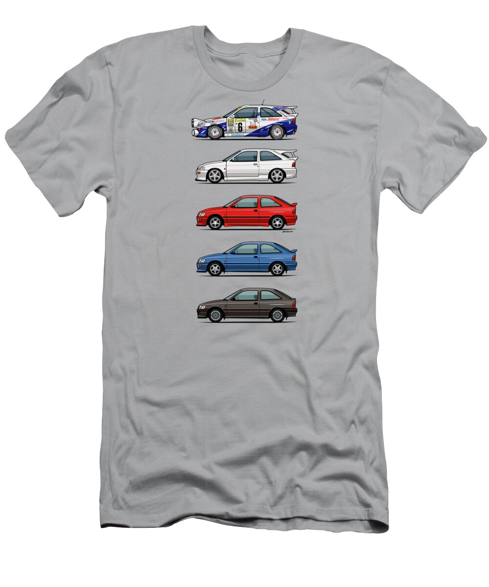 Sideviews Of The Fifth Generation Pre-facelift European Ford Escort T-Shirt featuring the digital art Stack of Ford Escort Mk.5 Coupes by Tom Mayer II Monkey Crisis On Mars