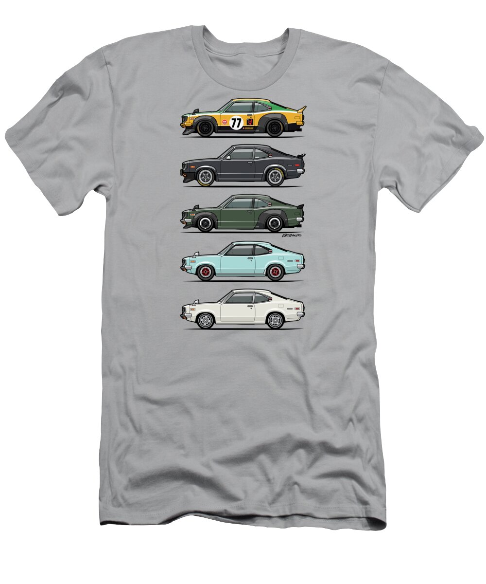 Car T-Shirt featuring the digital art Stack of Mazda Savanna GT RX-3 Coupes by Tom Mayer II Monkey Crisis On Mars