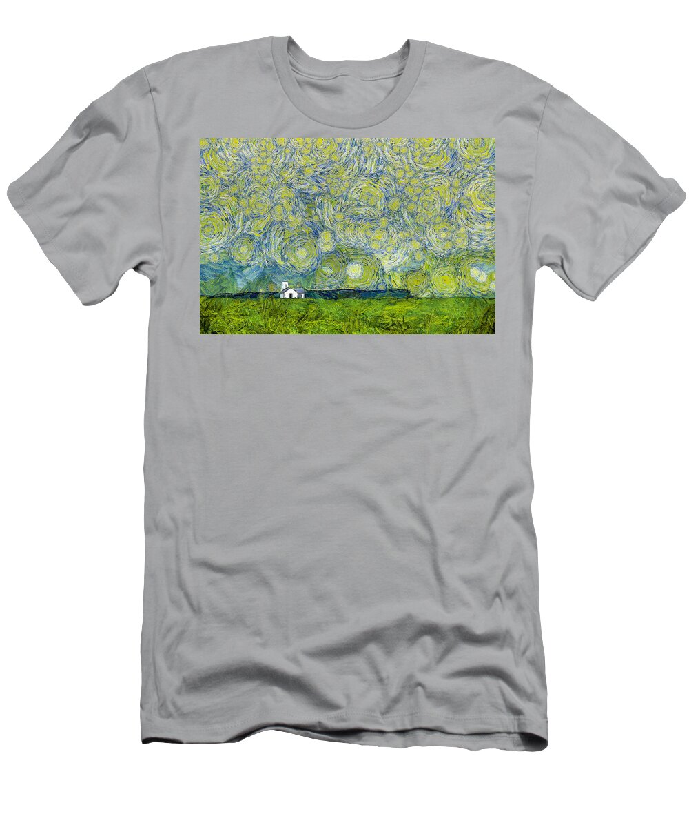White T-Shirt featuring the photograph Starry Ballintoy Church by Nigel R Bell