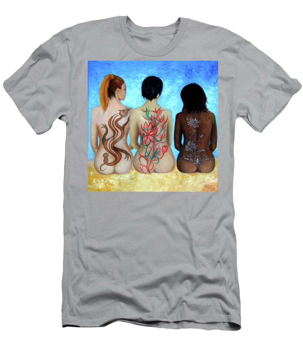 Tattooed Women Nudes T-Shirt featuring the painting Tattooed Stately Curves by Leonardo Ruggieri