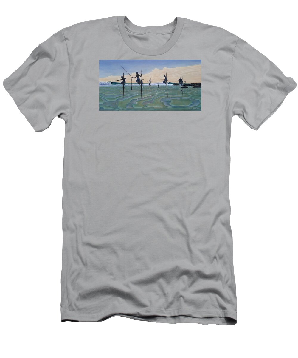 Fishermen T-Shirt featuring the painting Stilt Fishermen of Ahangama by Nathan Ledyard