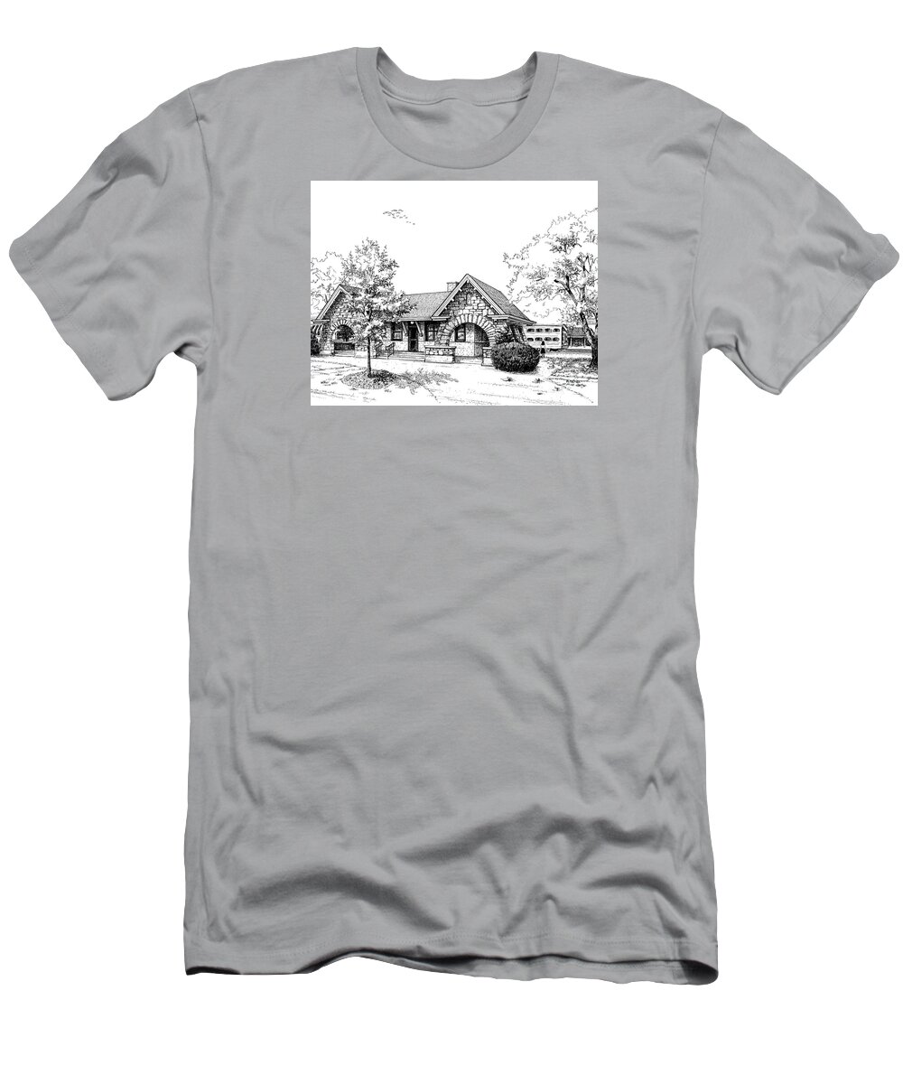 Train T-Shirt featuring the drawing Stone Ave. Train Station by Mary Palmer