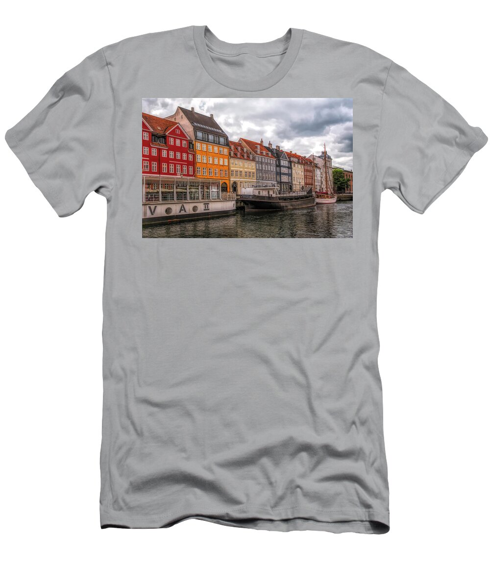 Copenhagen T-Shirt featuring the digital art Storm Clouds Over Nyhavn by Mick Burkey