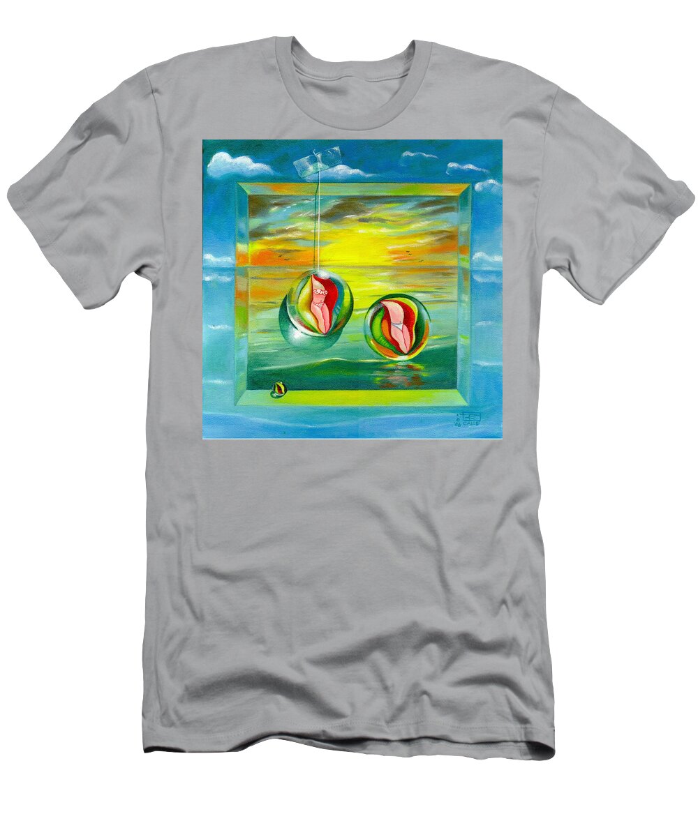 Surrealism T-Shirt featuring the painting Strollin Miami Beach at Sunset by Roger Calle