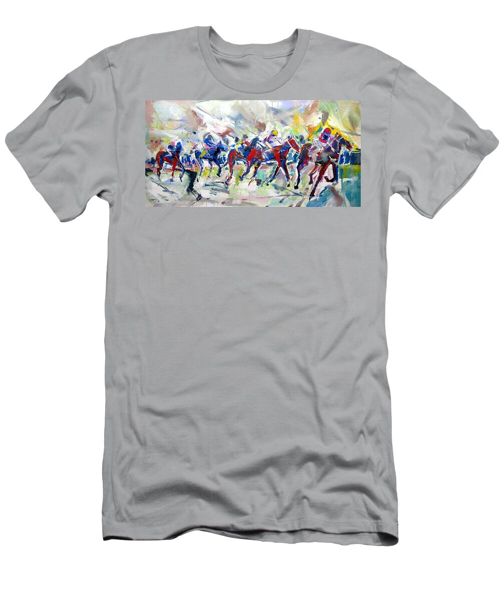 Horse Racing T-Shirt featuring the painting Summer Race by John Gholson