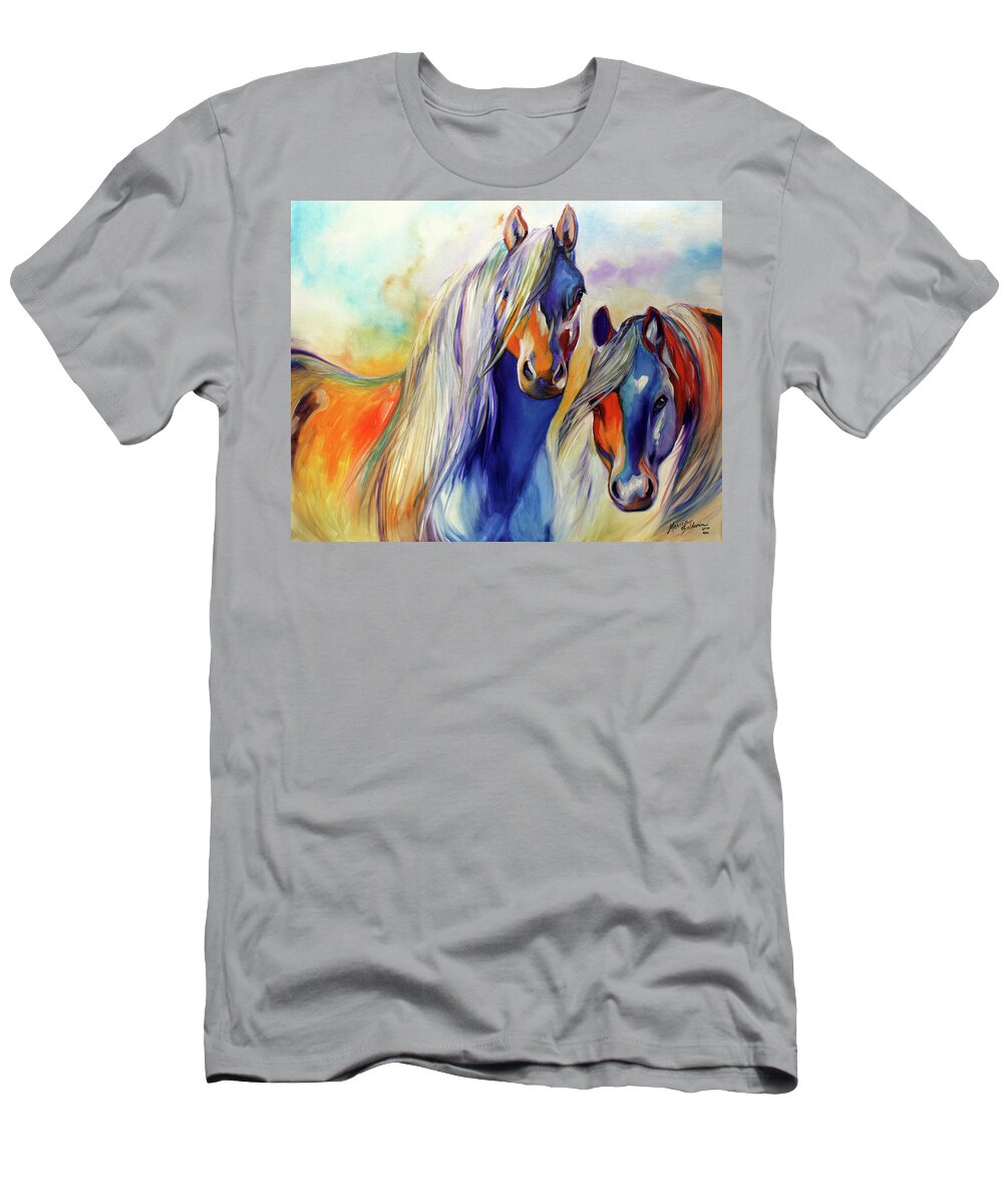 Marcia T-Shirt featuring the painting SUN and SHADOW EQUINE ABSTRACT by Marcia Baldwin