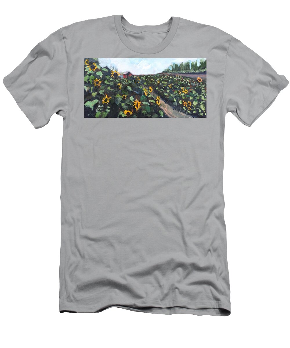 Field T-Shirt featuring the painting Sunflower Field Oil Painting by Donna Tuten
