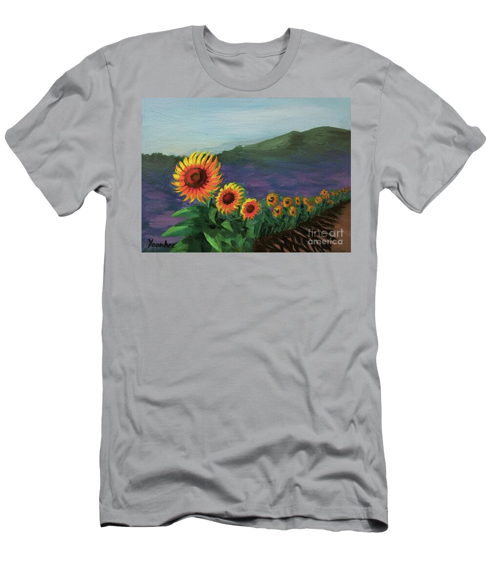 Sunflower T-Shirt featuring the painting Sunflowers in a row by Yoonhee Ko