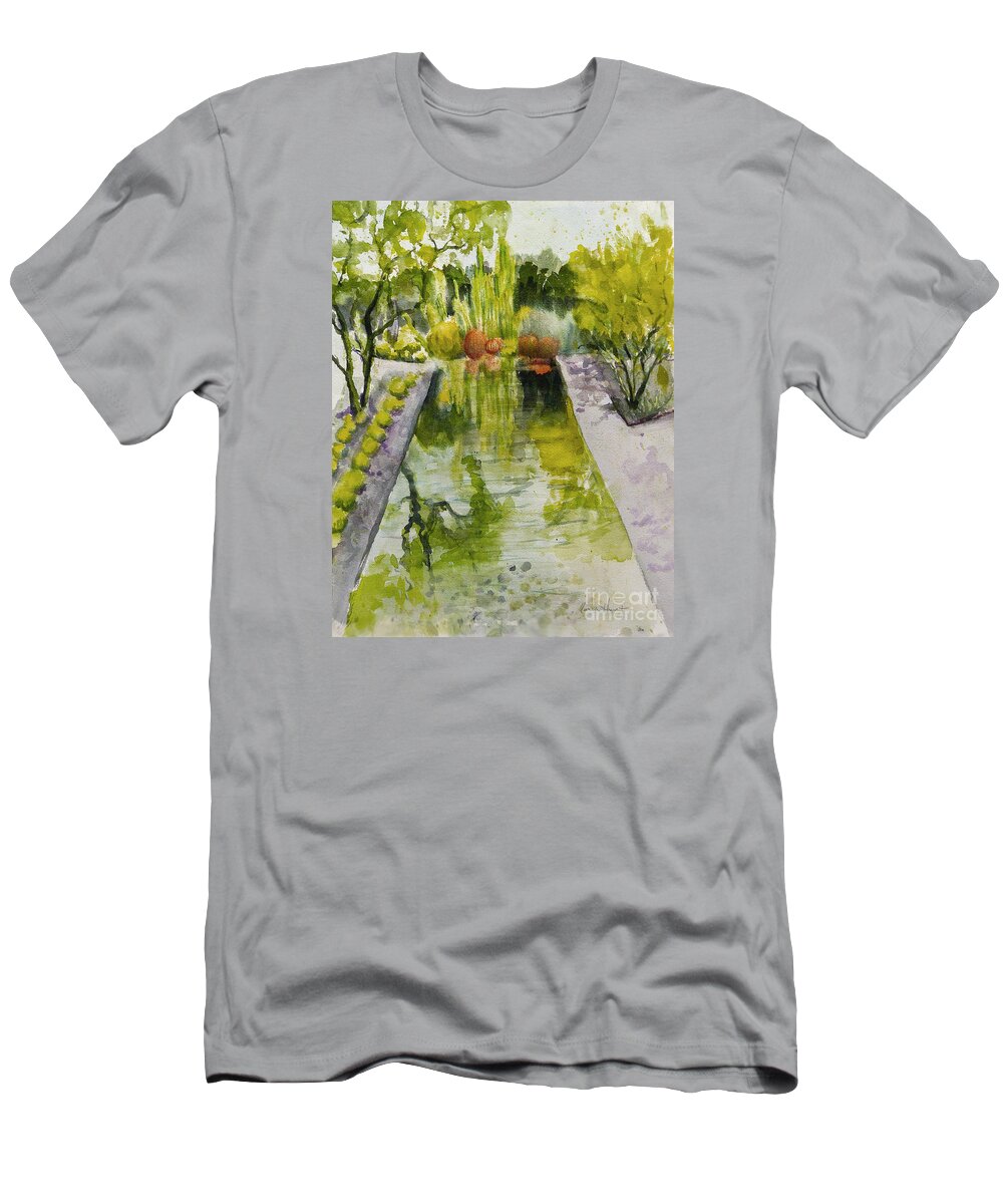 Landscape T-Shirt featuring the painting Infinity Pool In the Gardens at Annenburg Estate by Maria Hunt