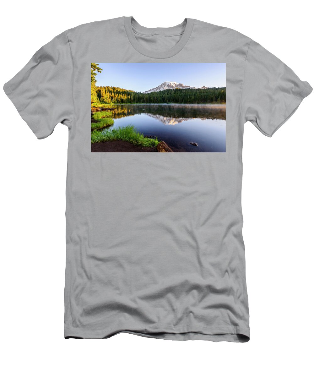 Sunrise T-Shirt featuring the digital art Mount Rainier viewed from Reflection Lake by Michael Lee