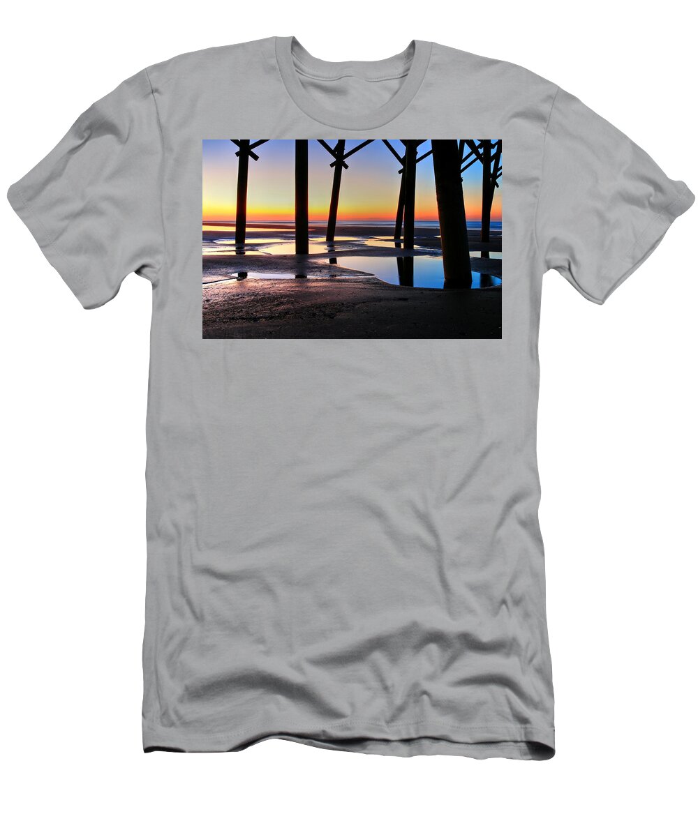 Folly Pier T-Shirt featuring the photograph Sunrise Under Folly Pier by Carol Montoya