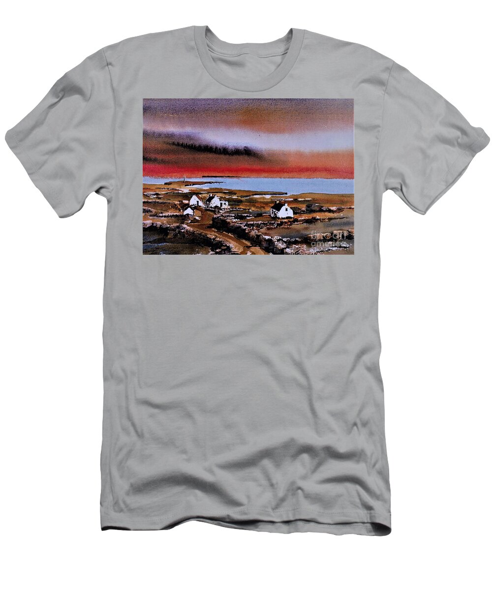 Ireland T-Shirt featuring the painting Sunset on Bungowla, Inishmor, Aran. by Val Byrne