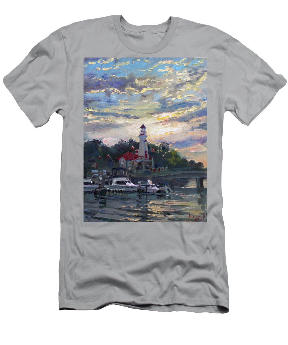 Sunset On Lake Shore Mississauga T-Shirt featuring the painting Sunset on Lake Shore Mississauga by Ylli Haruni