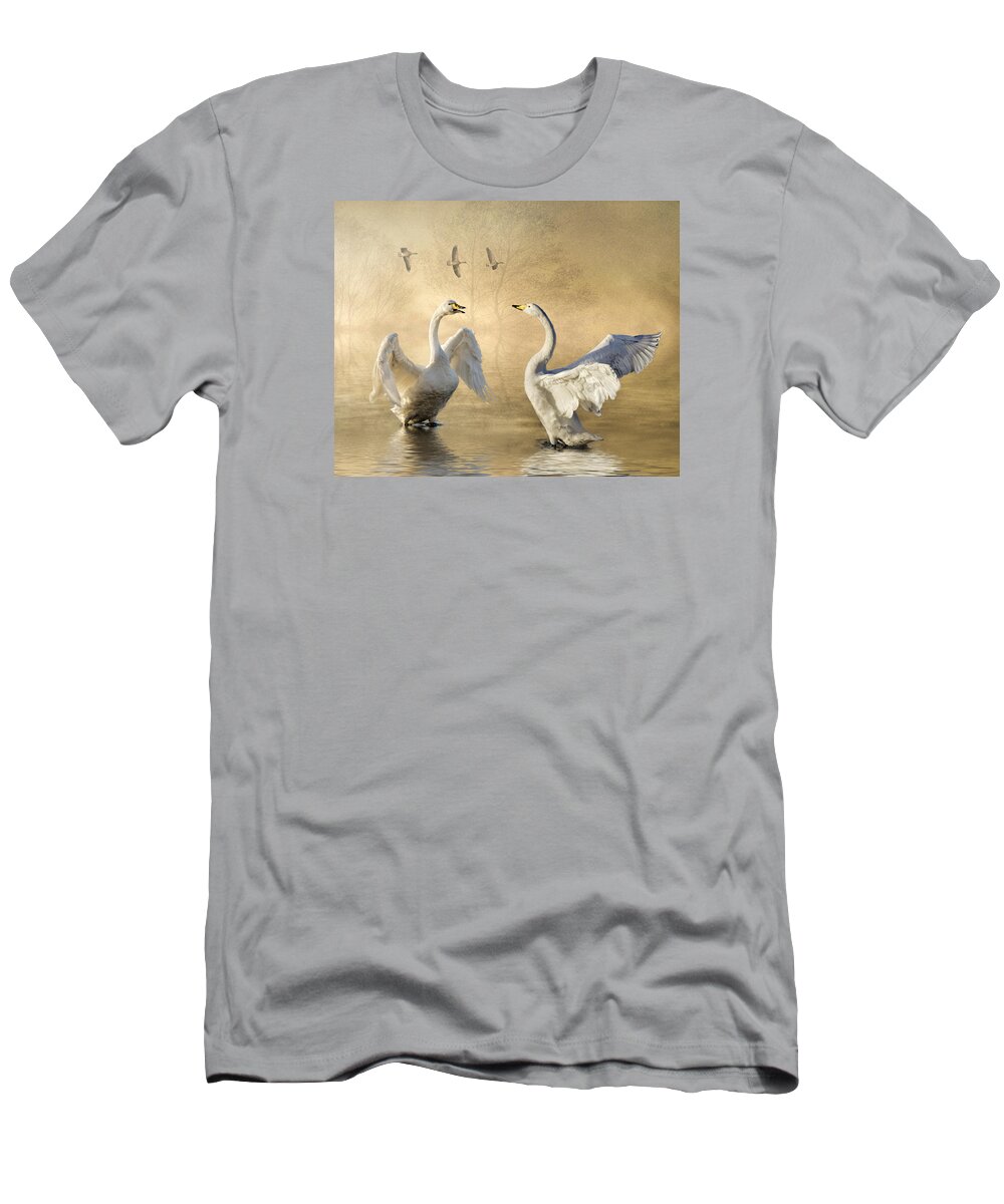 Swans T-Shirt featuring the photograph Sunset squabble by Brian Tarr