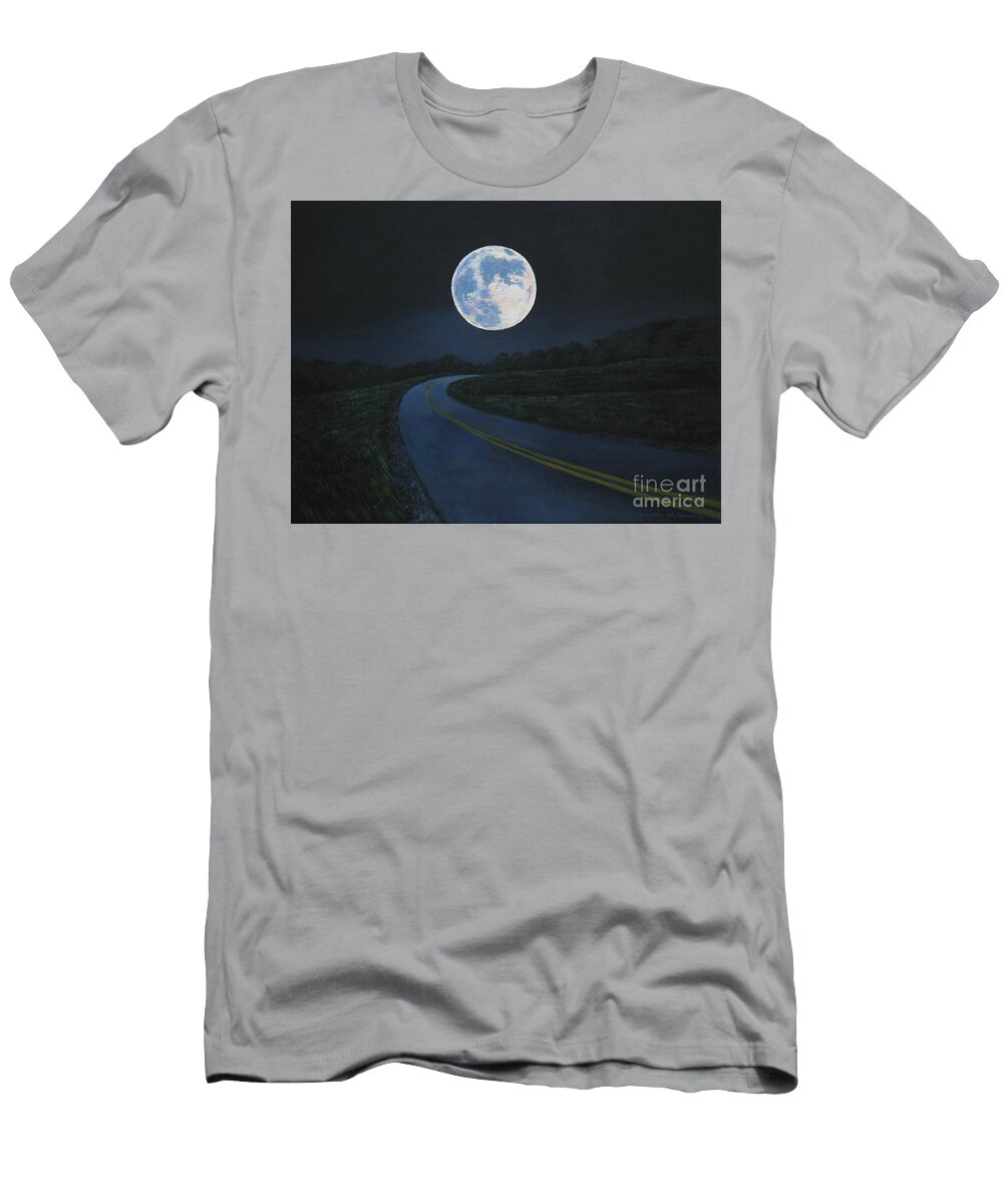 Super Moon T-Shirt featuring the painting Super Moon at the end of the road by Christopher Shellhammer