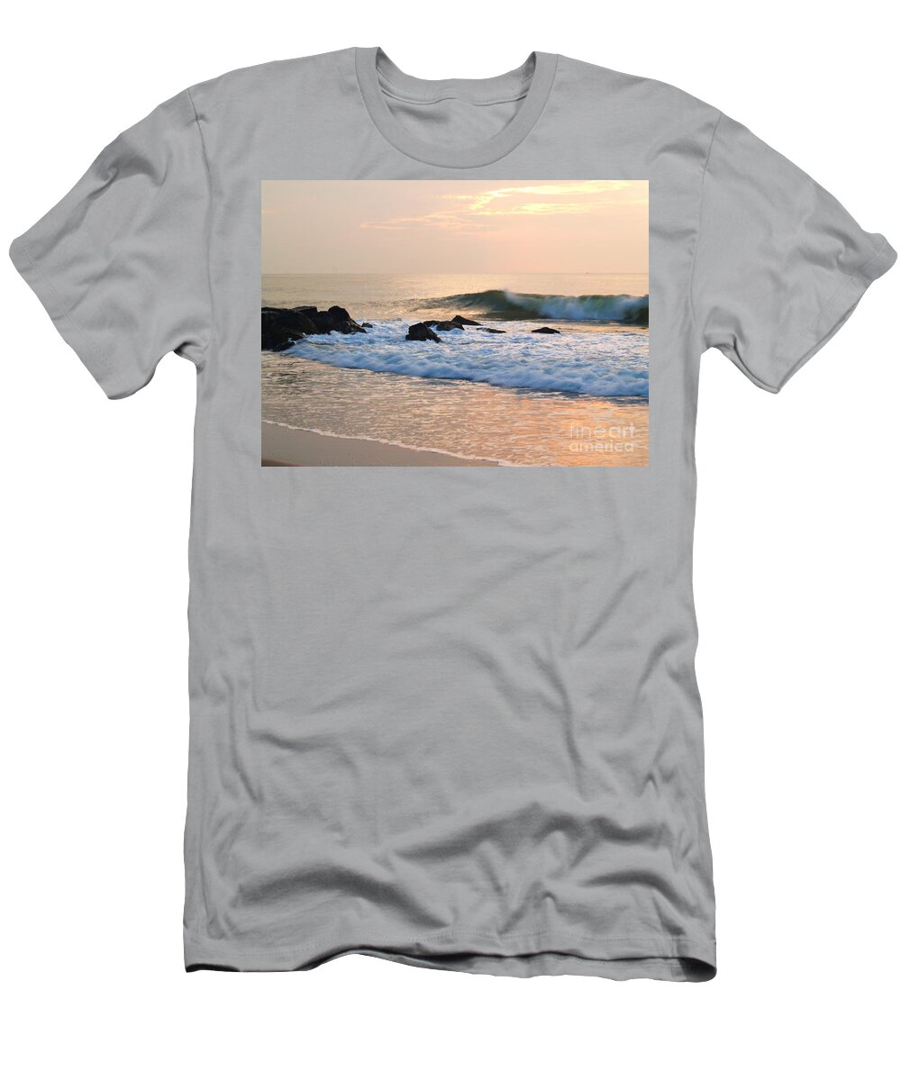 Beach T-Shirt featuring the photograph Surf in Peachy Ocean Grove Sunrise by Anna Lisa Yoder