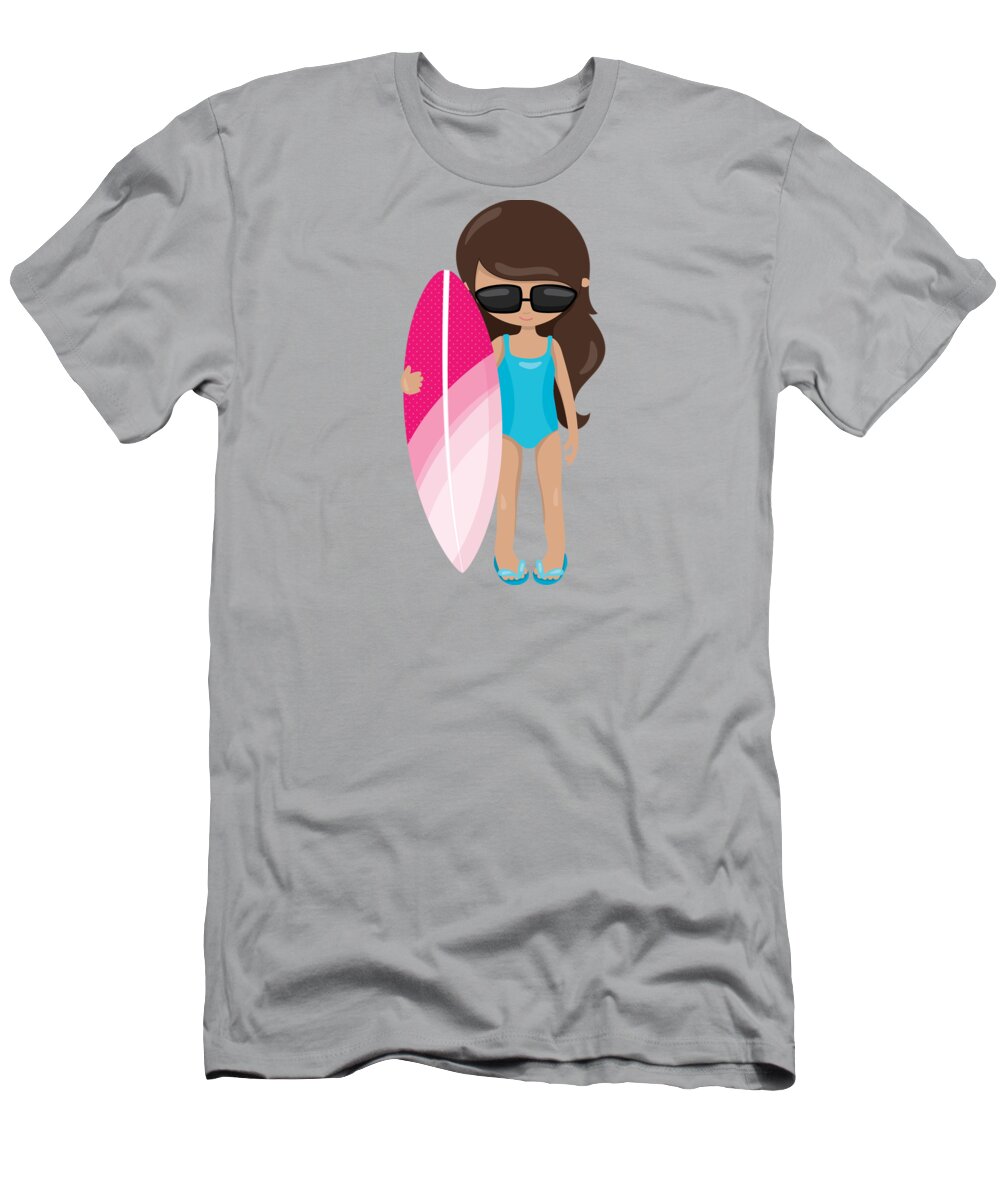 Surfer Art T-Shirt featuring the digital art Surfer Art Surf's Up Girl With Surfboard #18 by KayeCee Spain