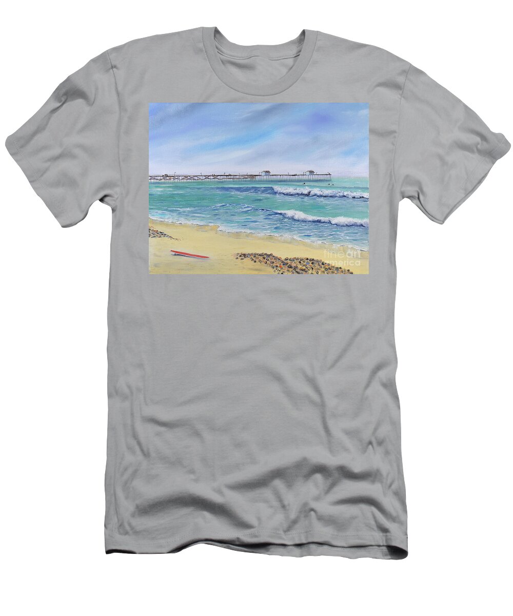 San Clemente T-Shirt featuring the painting Surfing in San Clemente by Mary Scott