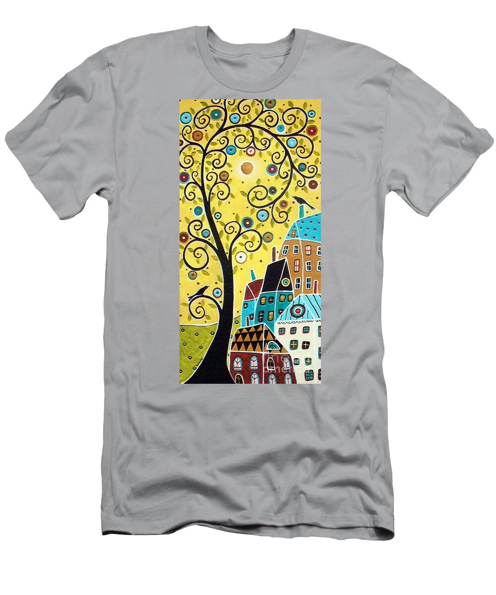 Landscape T-Shirt featuring the painting Swirl Tree Two BIrds And Houses by Karla Gerard