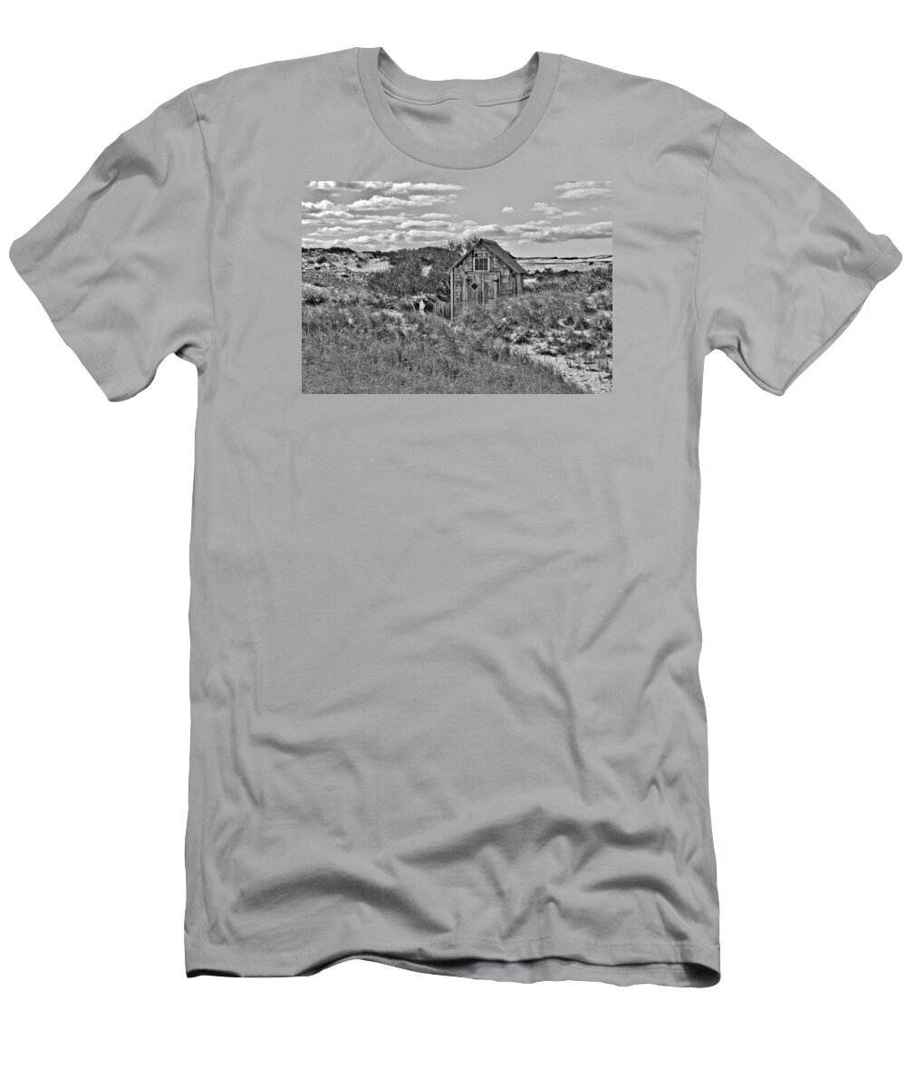 Cape Cod T-Shirt featuring the photograph Tasha Dune Shack in Black and White by Marisa Geraghty Photography