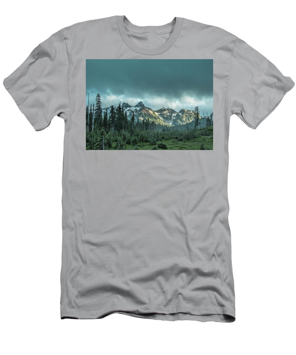 Mt. Rainier National Park T-Shirt featuring the photograph Tatoosh with Storm Clouds by E Faithe Lester