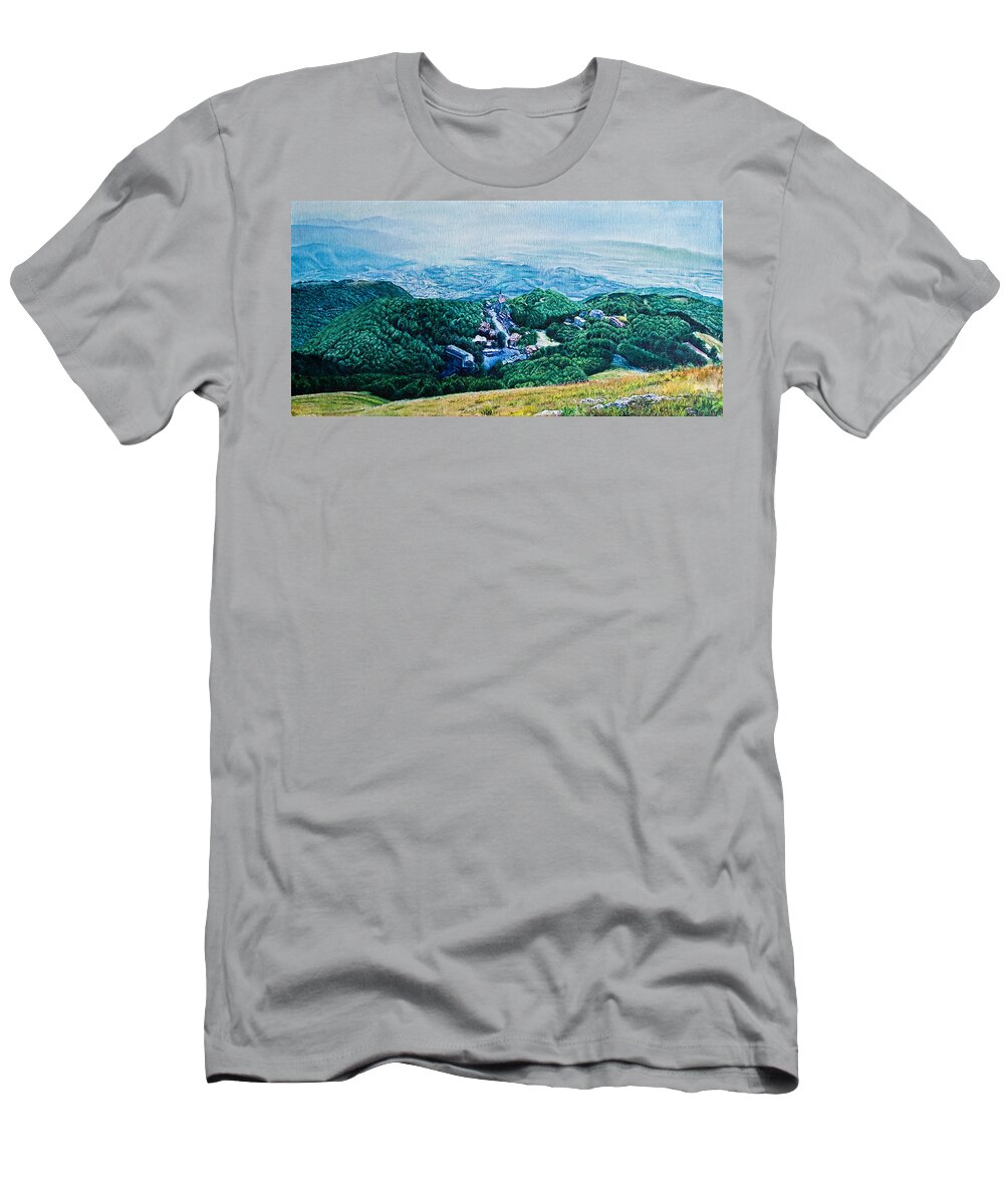 Sky T-Shirt featuring the painting Terminillo Panoramic by Michelangelo Rossi