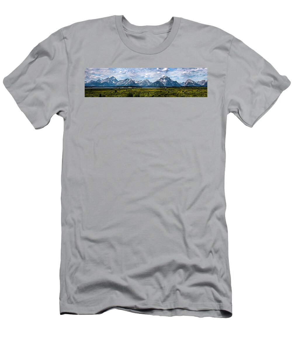 The Grand Tetons T-Shirt featuring the photograph Tetons - Panorama by Shane Bechler