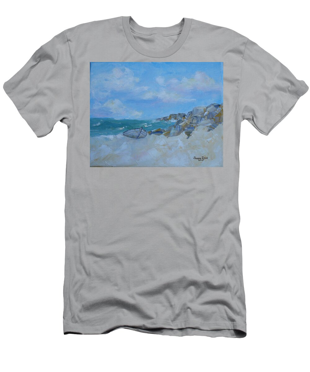 Boat T-Shirt featuring the painting The Beached Boat by Judith Rhue