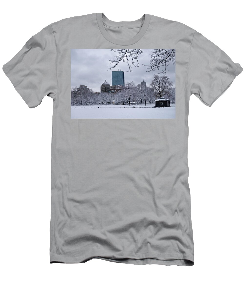 Boston T-Shirt featuring the photograph The Boston Common Covered in Snow Winter Boston MA by Toby McGuire