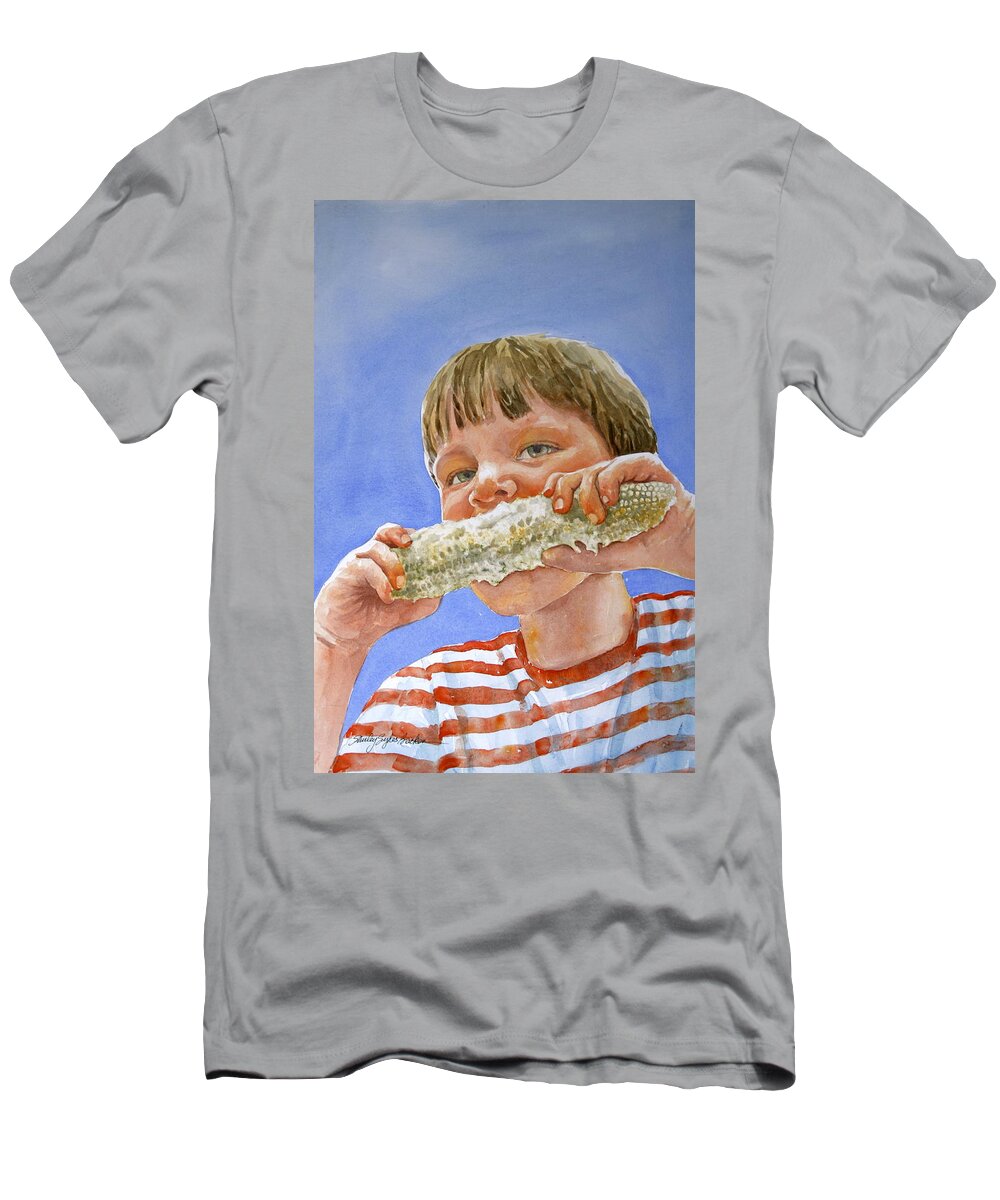 Corn T-Shirt featuring the painting Andrew The Corn Eater by Shirley Sykes Bracken