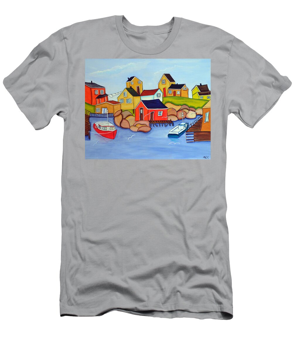 A Small Fishing Cove Sits On A Rocky Shore. T-Shirt featuring the painting The Cove by Heather Lovat-Fraser