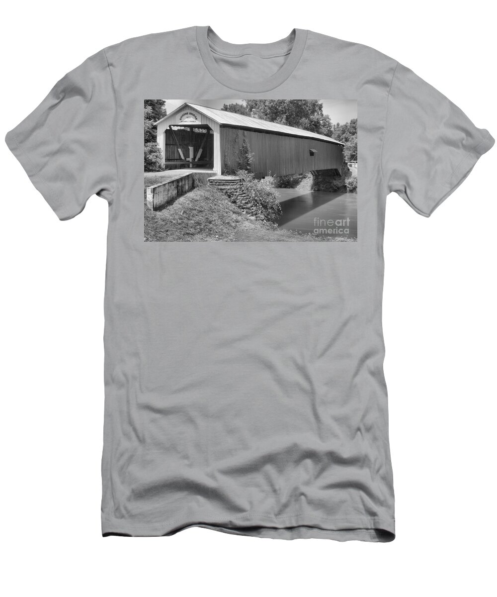 Eugene Covered Bridge T-Shirt featuring the photograph The Eugene Covered Bridge Black And White by Adam Jewell