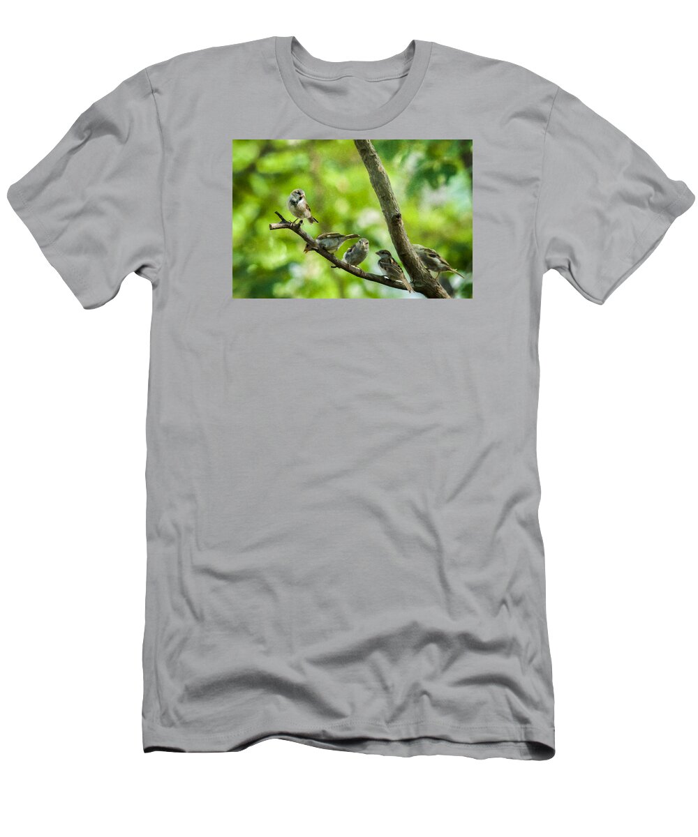 Birds T-Shirt featuring the photograph The Gossip Branch by Cathy Kovarik