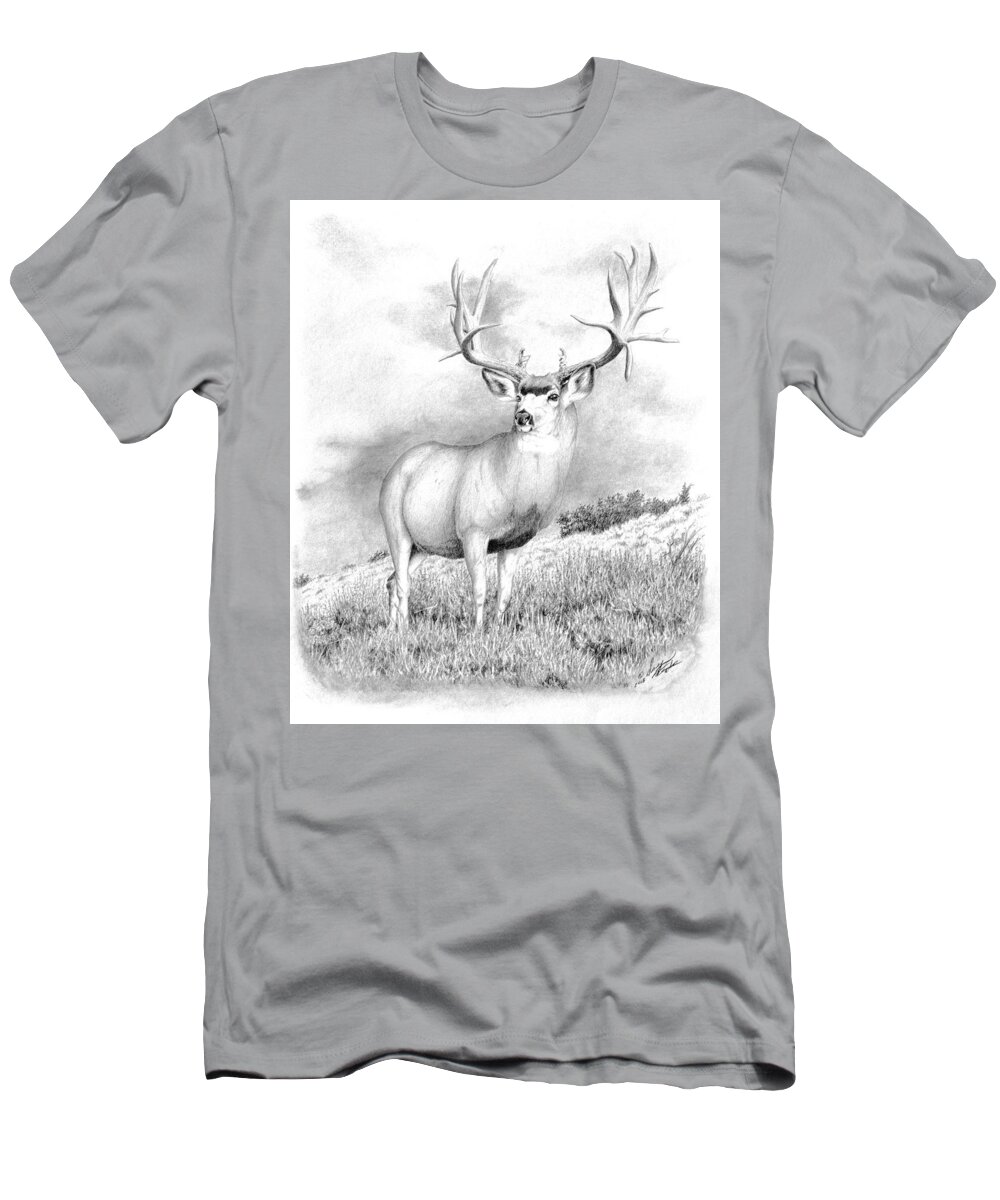 Mule Deer Buck T-Shirt featuring the drawing The Greenwood Buck by Darcy Tate