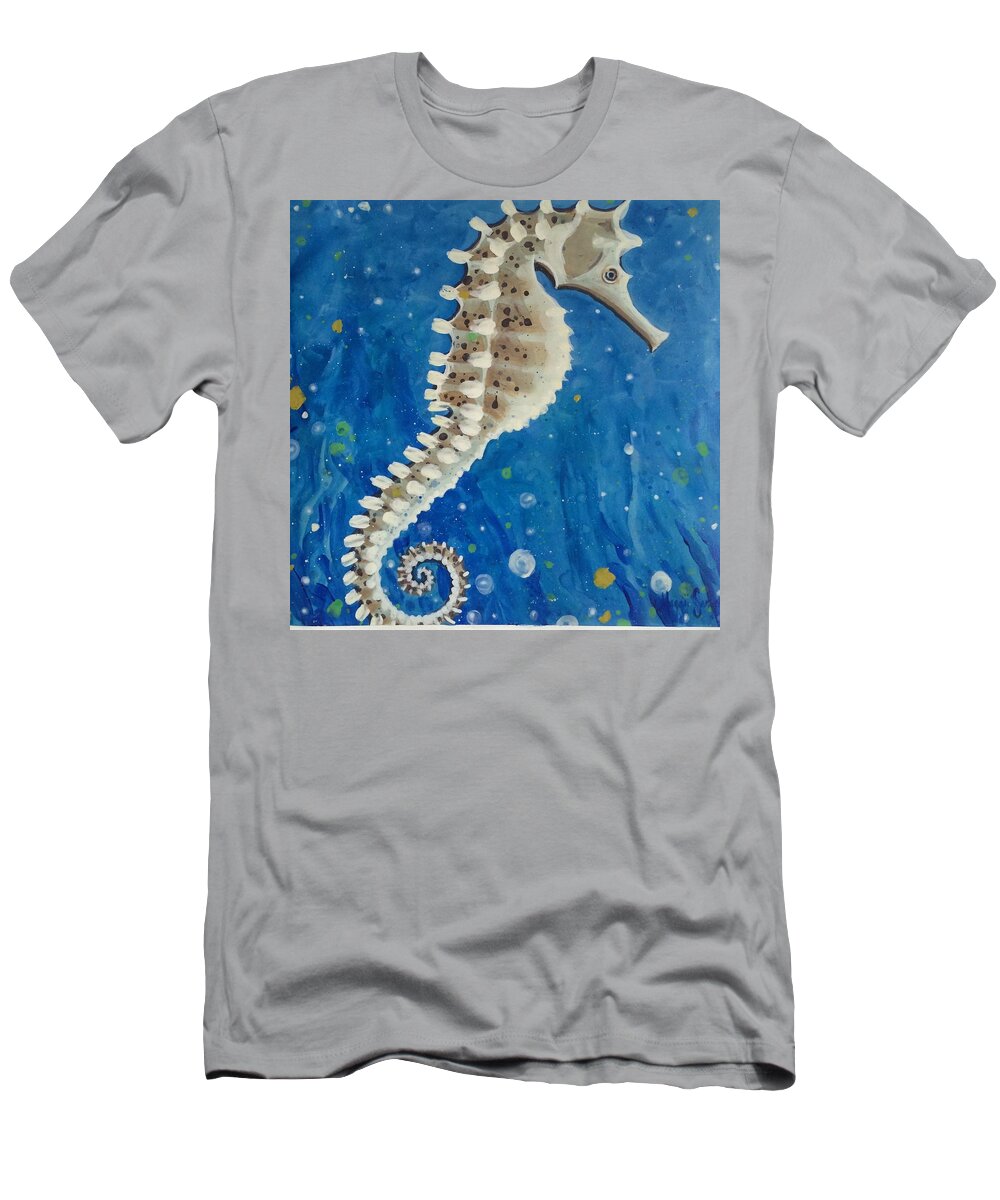 Seahorse ️blue Water Sealife Coastal Beachhouse Nature T-Shirt featuring the painting The Lined Seahorse by Maggii Sarfaty