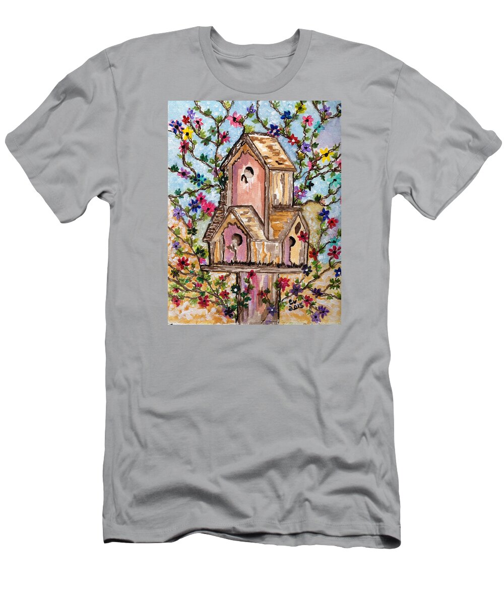 Bird House T-Shirt featuring the painting The opening of spring by Connie Valasco