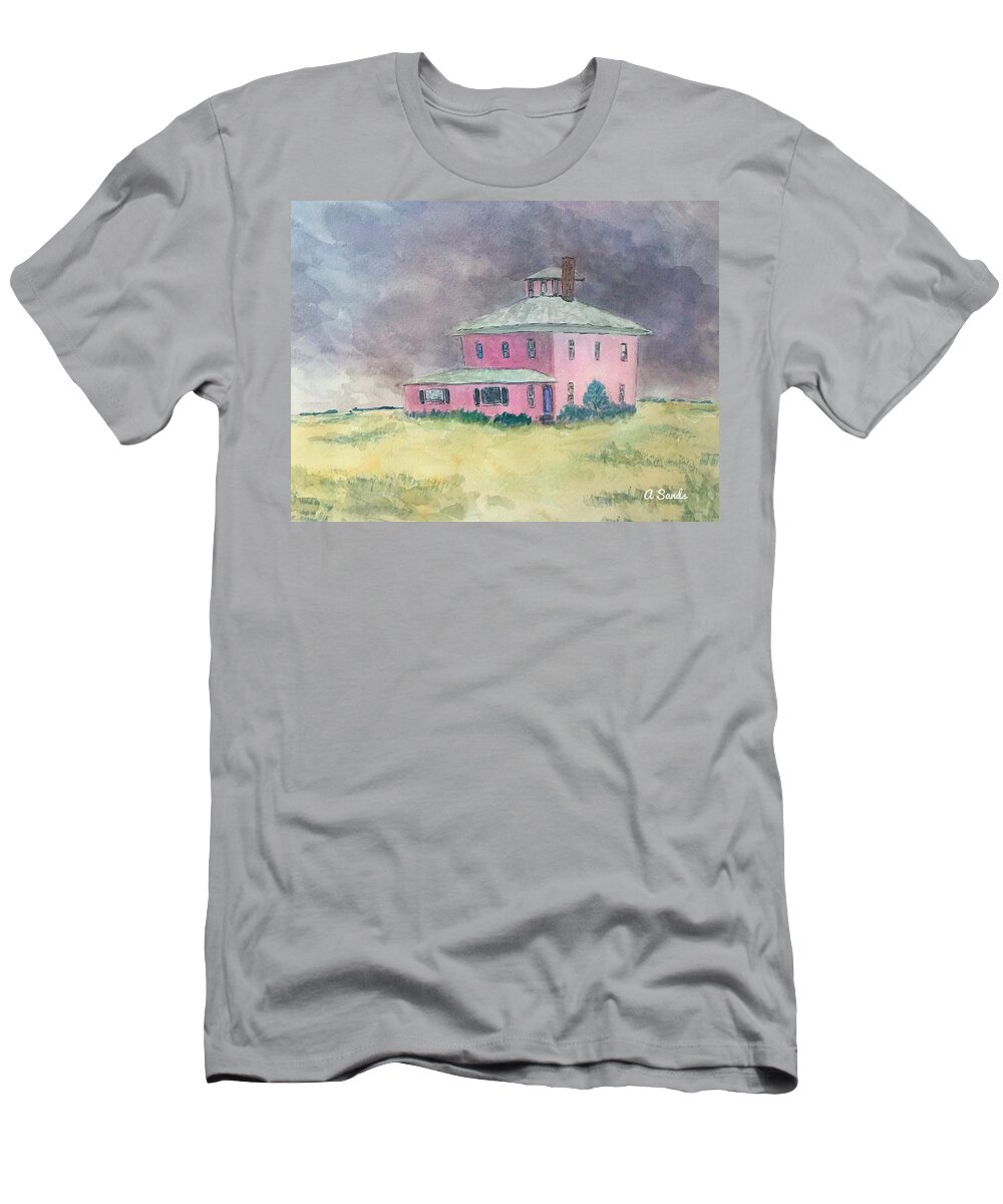 Pink House T-Shirt featuring the painting The Pink House Plum Island by Anne Sands