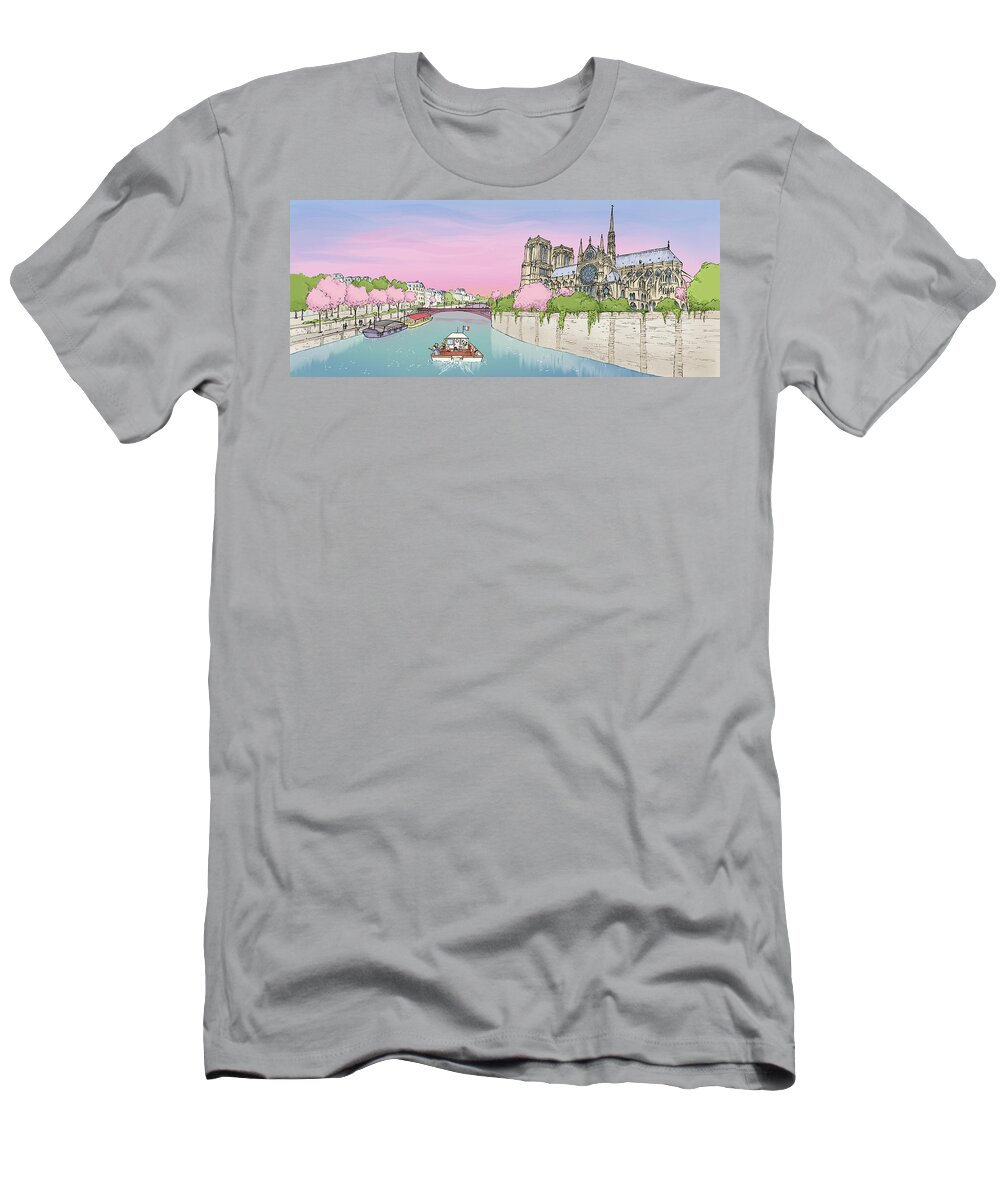 Paris Hop T-Shirt featuring the digital art The Seine and Notre Dame by Renee Andriani