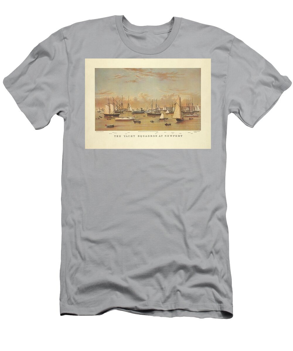 Currier And Ives T-Shirt featuring the painting The Yacht Squadron at Newport by Nautical Chartworks