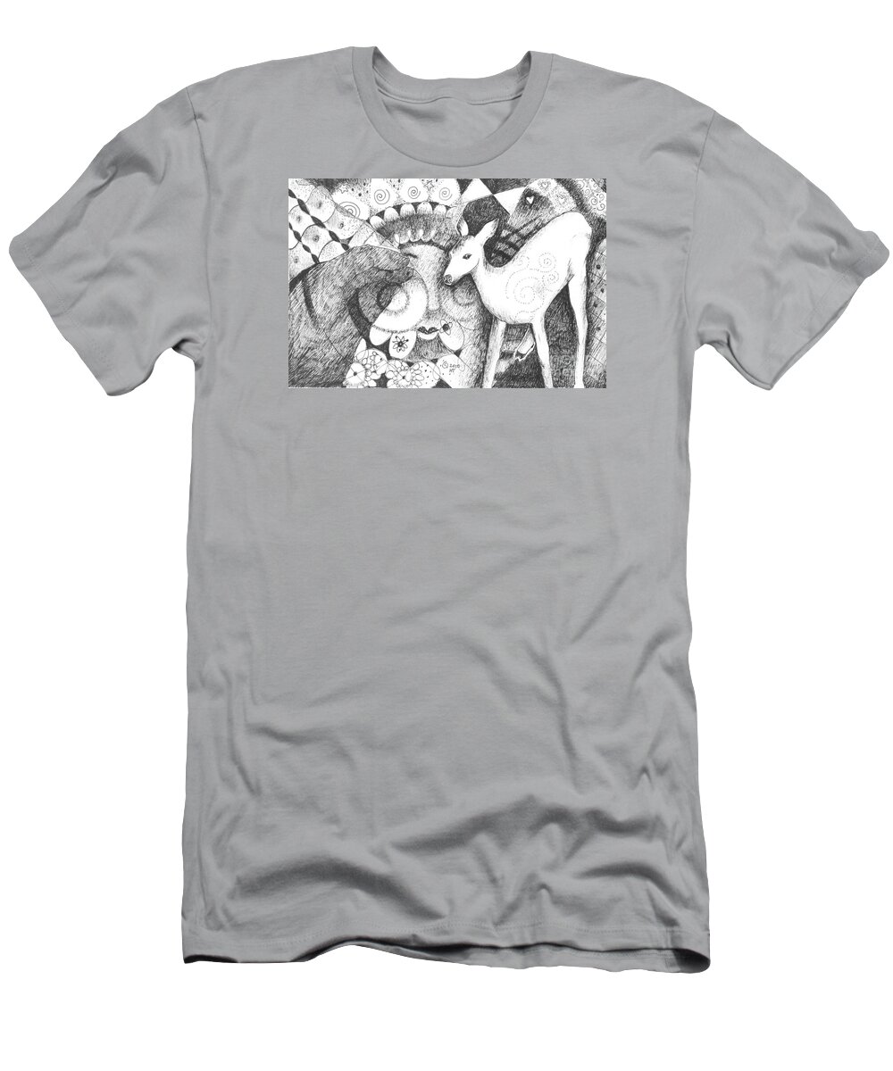 Deer T-Shirt featuring the drawing Thinking of Mary by Helena Tiainen