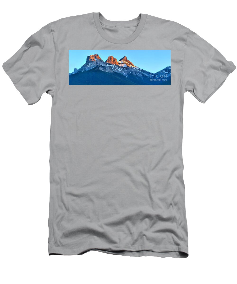 Three Sisters T-Shirt featuring the photograph Three Sisters Canmore Sunset Panorama by Adam Jewell