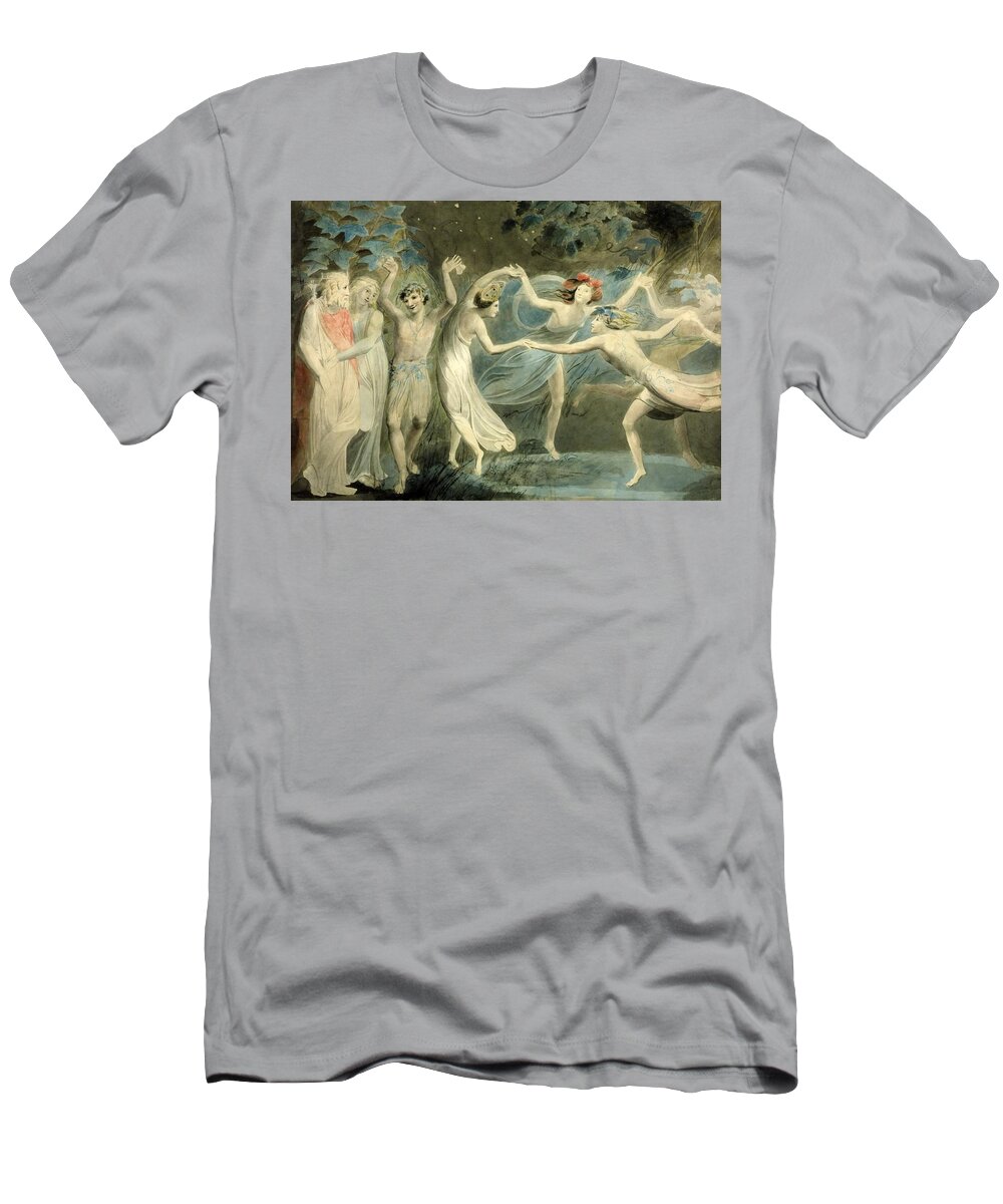 William Blake 1757–1827  Oberon T-Shirt featuring the painting Titania and Puck with Fairies Dancing by William Blake