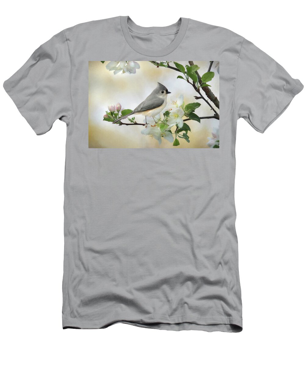 Bird T-Shirt featuring the mixed media Titmouse in Blossoms 1 by Lori Deiter