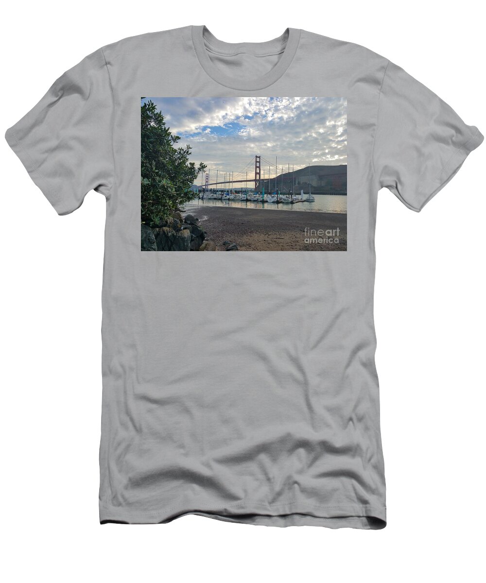 Travis Marina T-Shirt featuring the photograph Travis Marina Golden Gate Bridge by Artist Linda Marie