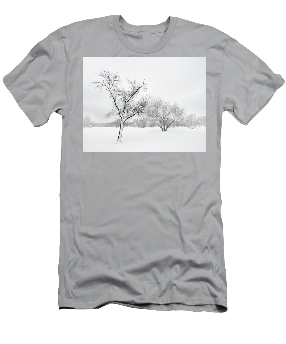Winter T-Shirt featuring the photograph Trees in winter blizzard by GoodMood Art