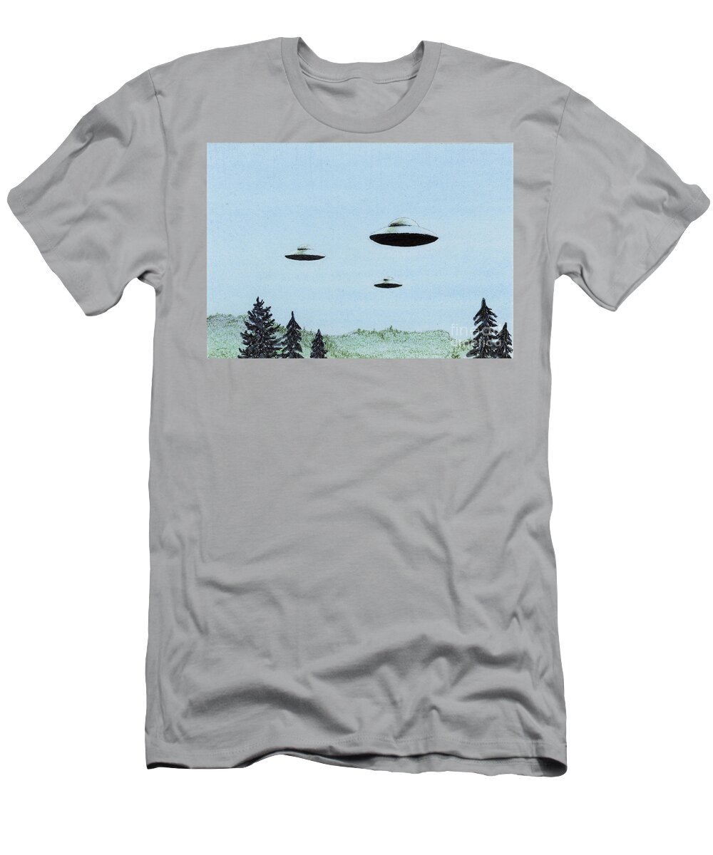 Ufos T-Shirt featuring the mixed media UFO Trio by Jackie Irwin